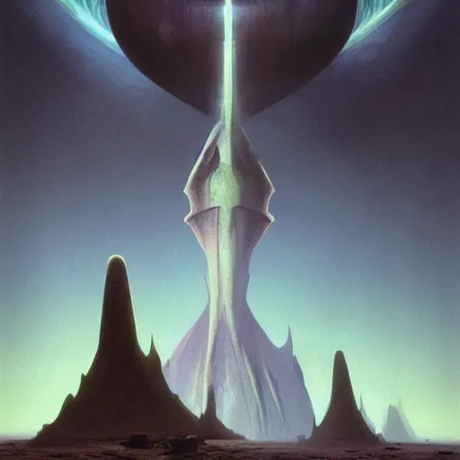 Prompt: !dream gigantic alien monolith in the green moonlit desert, surrealism, by Tyler Edlin and Jean Delville, by John Berkey and Filip Hodas, sci-fi concept art, Beeple, highly detailed, soft lighting, rendered in octane, by Roger Dean, by Dean Ellis, catholicpunk, german romanticism style, oil on canvas, cinematic lighting, vibrant, concept art, gothic, contrasting, nightscape