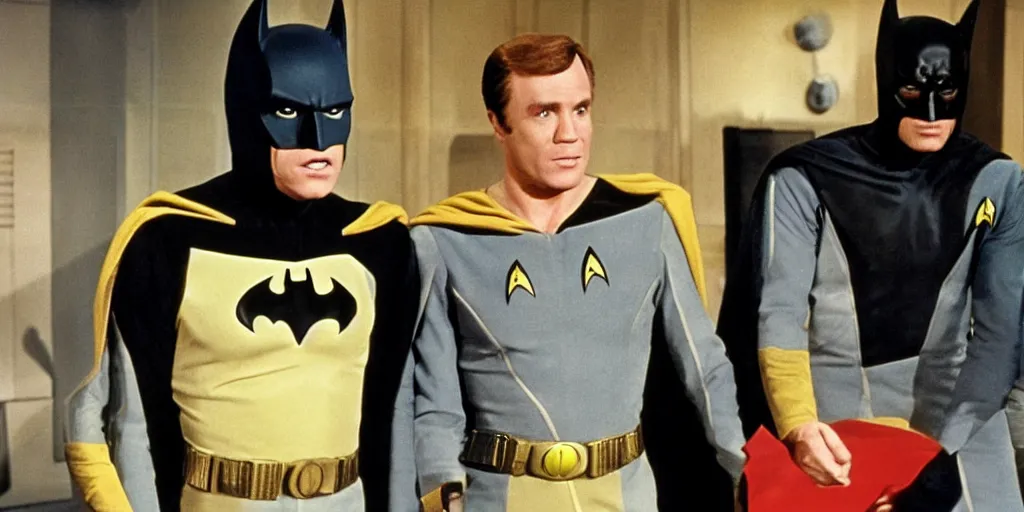 Prompt: ((Batman)) in Starfleet uniform, in the role of Captain Kirk in a scene from Star Trek the original series