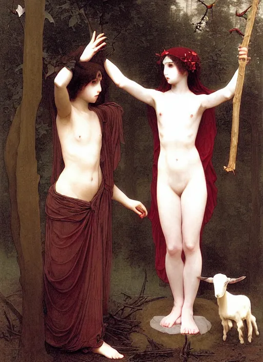 Prompt: boy and girl in pagan clothes performing an occult ritual on a goat in a deep thorns bones bloody forest, by william-adolphe bouguereau and Takato Yamamoto, high resolution