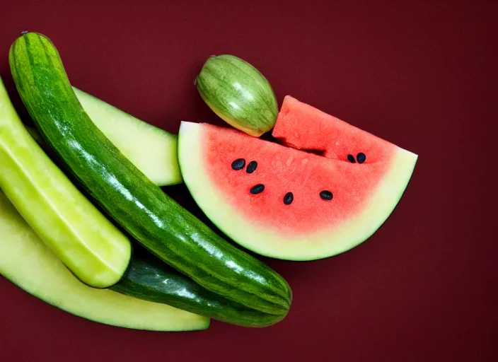 Prompt: cantaloupes, watermelon, green beans, cucumbers, sugar cubes, food photography, realistic, detailed, photorealistic
