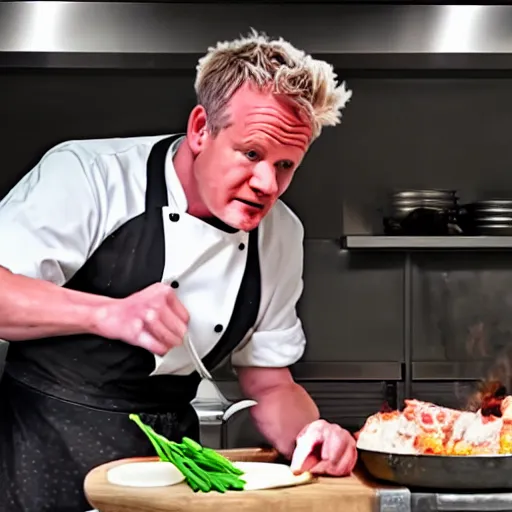 Image similar to hyper real Gordon Ramsey cooking a unicorn in kitchen 4k