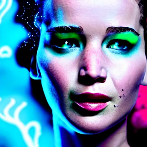 Prompt: excited jennifer lawrence as the bride of frankenstein, macro photography, glowing retinas, vaporwave, fuscia cyan yellow white powder on face, national geographic