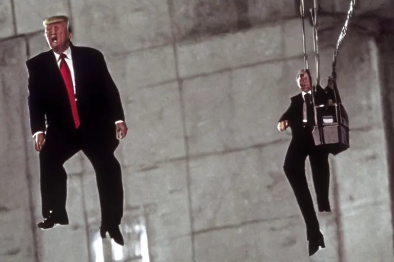 Prompt: movie still of donald trump in mission impossible hanging cable drop, photograph, tv show, cinematic