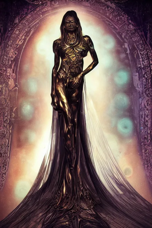 Image similar to a realistic dark photo of a beautiful metallic ancient alien woman goddess kate moss in jewelery and fractals in style of alphonse mucha art nuvo dmt trending on artstation made in unreal engine 4