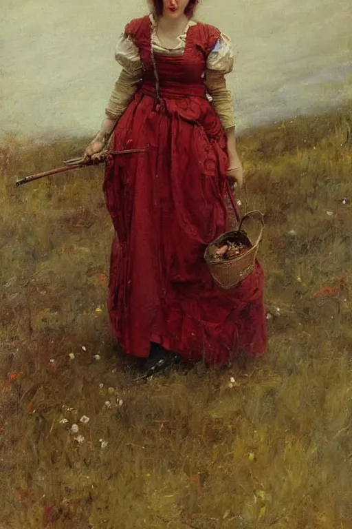 Image similar to Solomon Joseph Solomon and Richard Schmid and Jeremy Lipking victorian genre painting full length portrait painting of a young beautiful woman traditional german barmaid in fantasy costume, red background