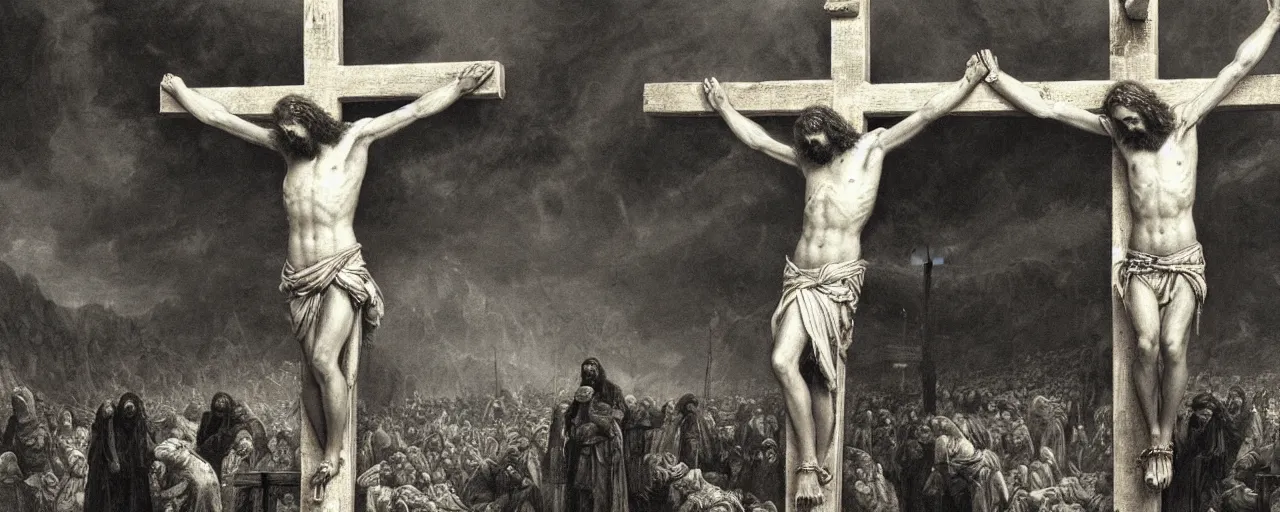 Image similar to the crucifixion of jesus christ, photorealistic, highly detailed, texture, soft light, dramatic, moody, ambient, painting by gustave dore