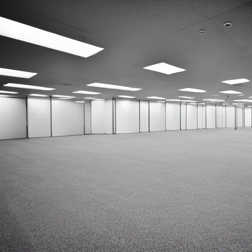 Prompt: an empty office at night, eerie atmosphere, white hue