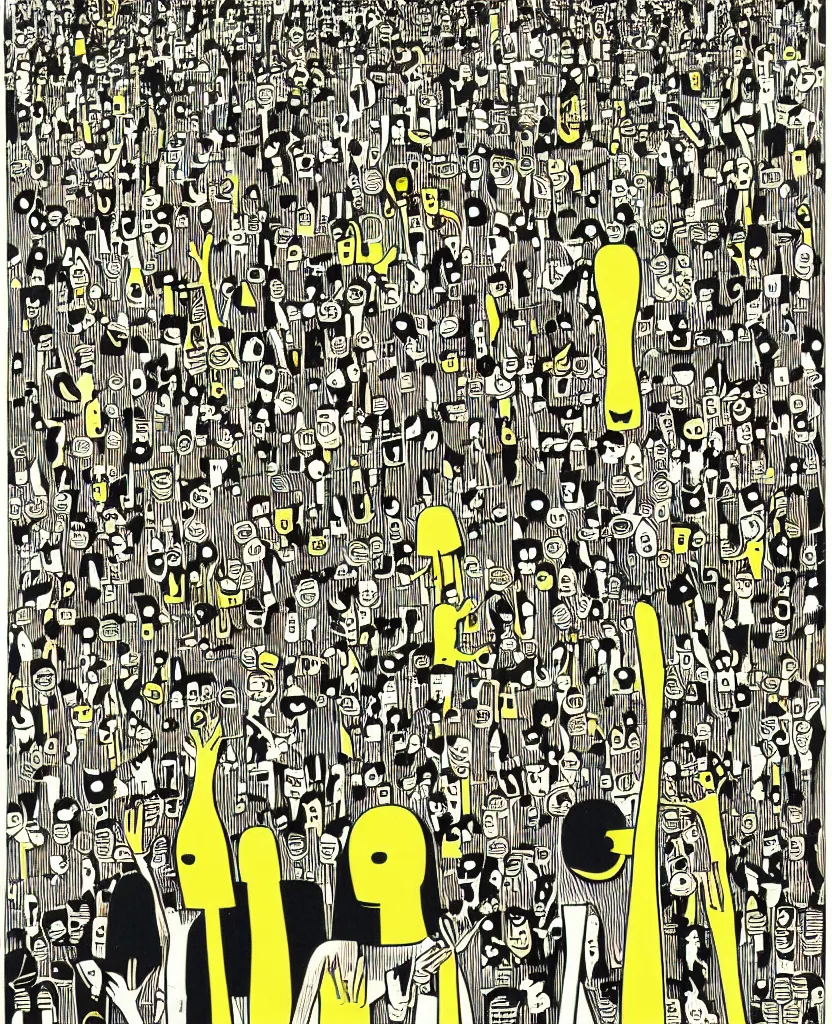 Image similar to two people standing next to each other, a screenprint by michael deforge, featured on pixiv, orphism, concert poster, woodcut, poster art