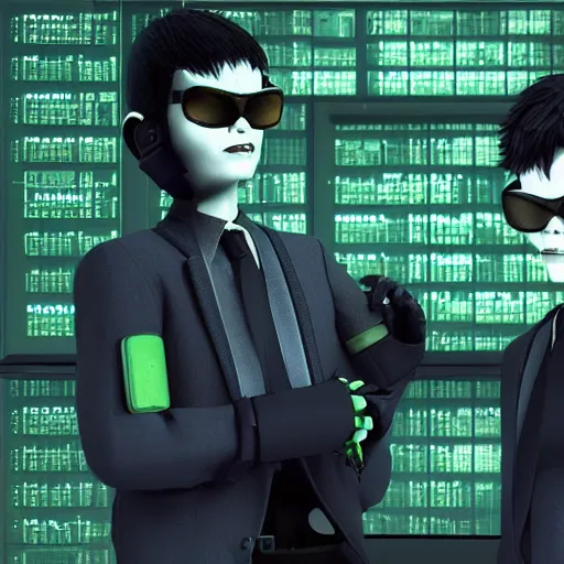 Prompt: twin brothers hacking into the mainframe of the matrix or whatever, in the style of jamie hewlett and riyoko ikeda, octane render