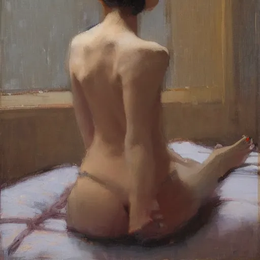 Prompt: girl with pigtails, in african print kimono, backview, bare back, sitting on edge of bed, by jeremy lipking, tim rees, joseph todorovitch