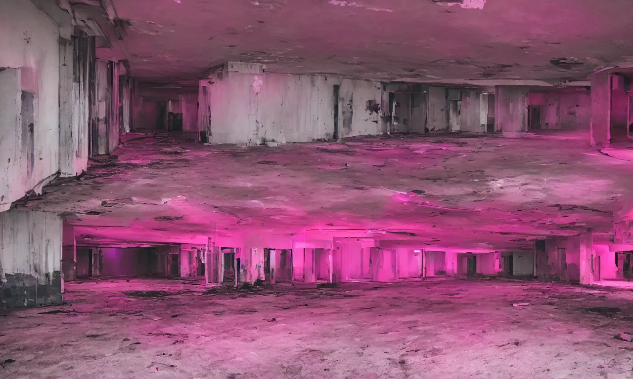 Prompt: backrooms abandoned mall, ominous neon pink and purple vaporwave lighting, moldy walls and shallow water, shadowy tall figures in the distance, bright smile in a dark spot