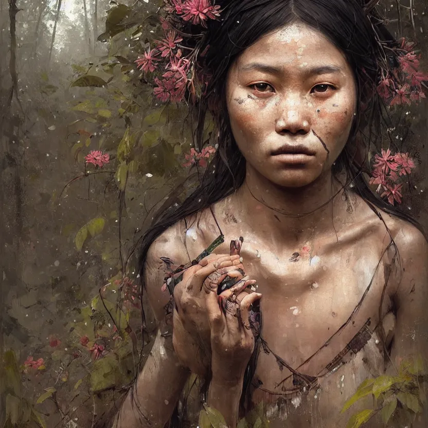 Image similar to detailed portrait of a tribal woman with asian eyes and thick lip forest girl, flowers and trees, by ismail inceoglu dragan bibin hans thoma greg rutkowski alexandros pyromallis nekro rene maritte illustrated, perfect face, fine details, realistic shaded, fine - face, pretty face