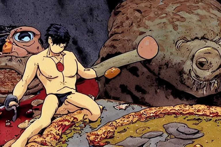 Image similar to a film still of pizza the hut in the akira, high quality