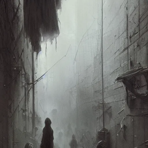 Image similar to dark alley full of homeless children, somber, by beksinski and jeremy mann and alphonse mucha and stan lee, fantasy art, photo realistic, dynamic lighting, artstation, poster, volumetric lighting, very detailed faces, award winning, full face, symmetry