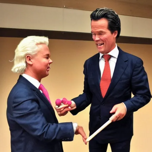 Prompt: cute geert wilders giving a lollypop to crying cute mark rutte, in the style of ghibli