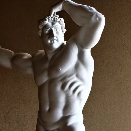 Prompt: greek marble statue of shrek flexing his arms behind his back