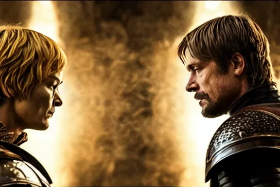 Image similar to very very intricate photorealistic photo of jaime lannister fighting cersei, photo is in focus with detailed atmospheric lighting, award - winning details