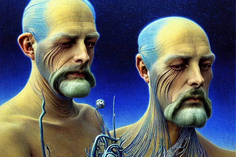 Prompt: realistic extremely detailed portrait closeup painting of an old man, futuristic sci-fi landscape on background by Jean Delville, Amano, Yves Tanguy, Alphonse Mucha, Ernst Haeckel, Edward Robert Hughes, Roger Dean, rich moody colours, silver hair and beard, blue eyes