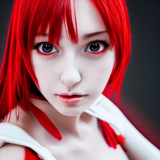 Image similar to very detailed photo of European anime cosplayer girl wearing white and red dress, studio photo, anatomically correct, pretty face, fine-face, smooth, sharp focus, UHD, 8k