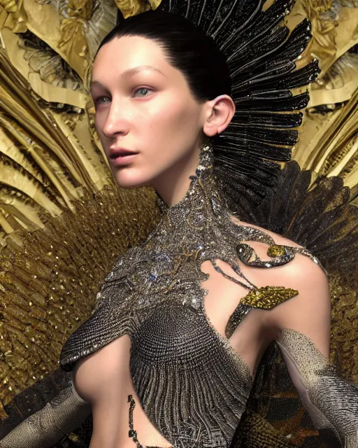 Prompt: a highly detailed metahuman 8 k close up render of bella hadid as a black snake renaissance in iris van herpen dress schiaparelli in diamonds crystals swarovski and jewelry iridescent in style of alphonse mucha gustav klimt trending on artstation made in unreal engine 4