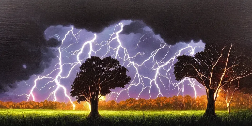 Prompt: lightning strikes a tree in the middle of a field, painting By Dan Mumford,