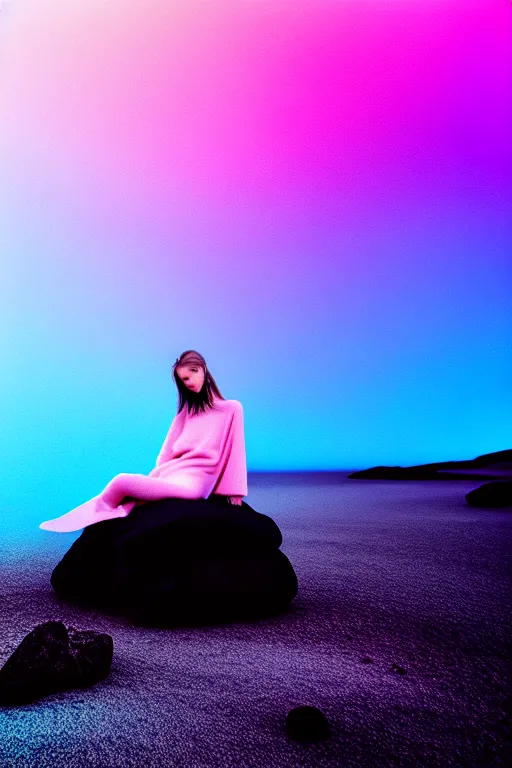 Image similar to high quality pastel coloured film close up wide angle photograph of a model wearing clothing resting on cloud furniture in a icelandic black rock environment in a partially haze filled dreamstate world. three point light, rainbow. photographic production. art directed. pastel colours. volumetric clouds. pastel gradient overlay. waves glitch artefacts. extreme facial clarity. 8 k. filmic.