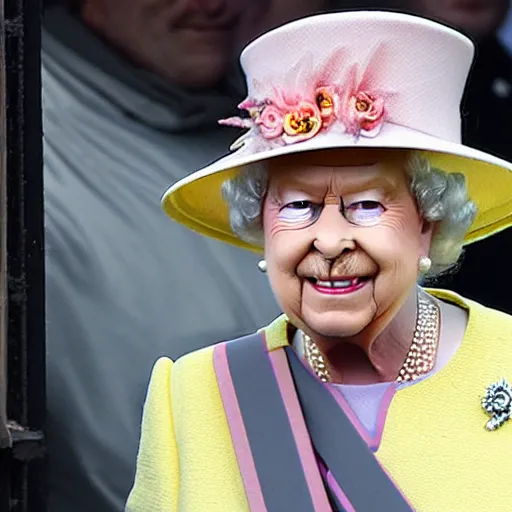 Prompt: the queen of england at a techno party smoking a joint, hyper realistic