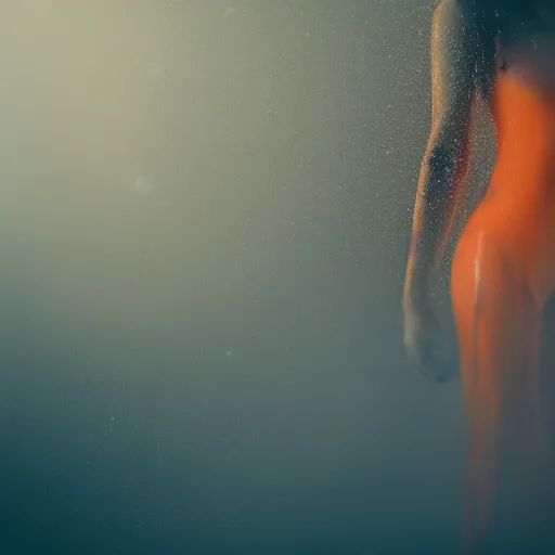 Image similar to a blurry closeup picture of woman's skin gripped tightly, female bodies, hands, dripping wet, no face, macro photography, long exposure photograph, surrealism, anamorphic bokeh, cozy, soft light, cyan and orange, caustic, atmospheric fog, octane render, cinematic