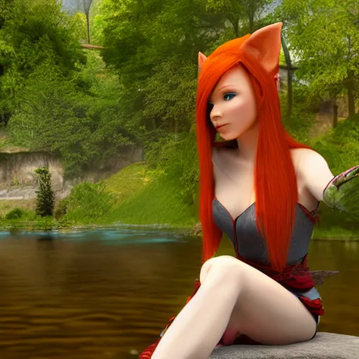 Prompt: beautiful female redhead elf warrior sitting next to a beautiful lake at dawn, enjoying the wind, 8k ultra realistic, award winning, unreal engine 5, masterpiece