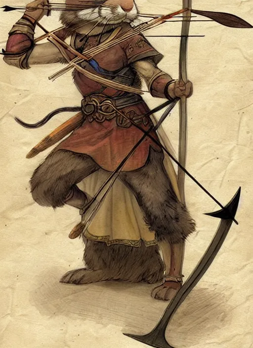 Image similar to a heroic rabbit archer with bow and arrow on a parchment background, redwall, greg rutowski and jean baptiste monge, detailed, epic fantasy concept art