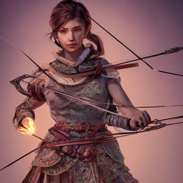 Image similar to the portrait of lawful neutral semi - colorful female archer huntress as absurdly beautiful, gorgeous, elegant, young girl, an ultrafine hyperdetailed illustration by kim jung gi, irakli nadar, intricate linework, bright colors, octopath traveler, final fantasy, unreal engine 5 highly rendered, global illumination, radiant light, detailed and intricate environment