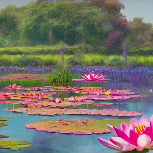 Prompt: Matte painting of a serene landscape of a garden filled with vivid coloured flowers and lush fruit trees, water lily and narcissus above pond melted into starry summer by Nicolas Party trending on artstation