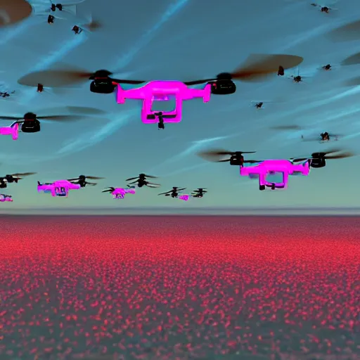 Prompt: A swarm of drones landing at a airport. Futuristic, bright colors, during the day, no clouds, Hyper realistic, bright colors, 8k.