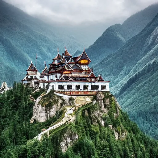 Image similar to a kingdom built into the side of a huge mountain range