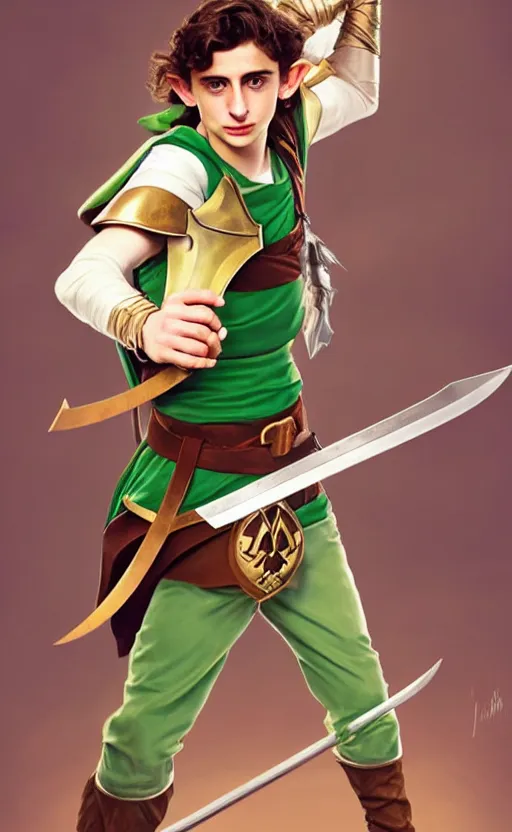 Image similar to Timothee Chalamet as Link from Legend of Zelda, elf ears, +++ super super super dynamic posing, j.c. leyendecker, Valentina Remenar, thick eyebrows, super serious facial expression, holding a sword & shield, ocarina of time