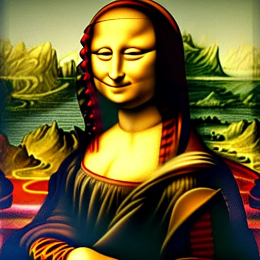 Prompt: mona lisa wearing a astronaut helmeted suit. painted by leonardo davinci