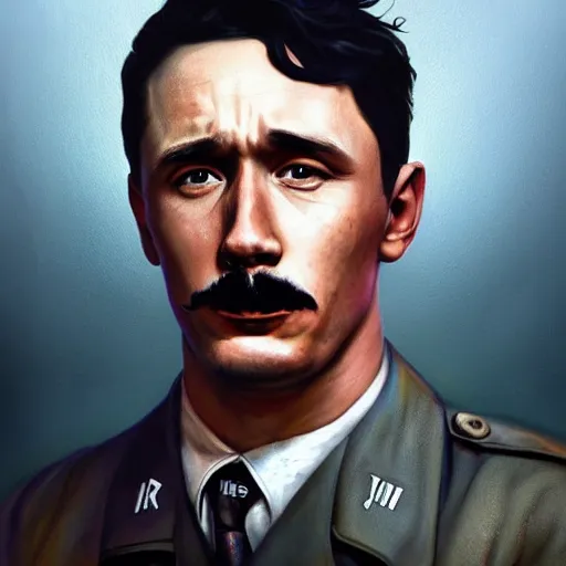 Image similar to hyperrealistic mixed media high resolution painting of James Franco disguised as Adolf Hitler eating a bagel, stunning 3d render inspired art by István Sándorfi and Greg Rutkowski and Unreal Engine, perfect facial symmetry, dim volumetric lighting, 8k octane beautifully detailed render, full body shot, post-processing, extremely hyper-detailed, intricate, epic composition, highly detailed attributes, highly detailed atmosphere, cinematic lighting, masterpiece, trending on artstation, very very detailed, masterpiece, stunning, flawless structure, lifelike texture, perfection,