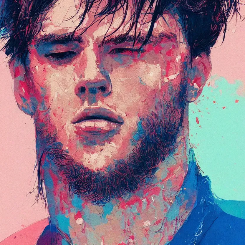 Image similar to close up portrait painting of a male musician in nineties street styling, concept art, intricate details, aesthetically pleasing pastel colors, art by conrad roset, impressionism, portrait