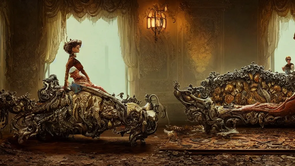 Image similar to a beautiful woman sitting on an ornate victorian couch made out of decomposing animals, intricate, detailed, volumetric lighting, sharp focus, photorealism, digital painting, highly detailed, concept art, by roger dean and simon stalenhag and mark brooks