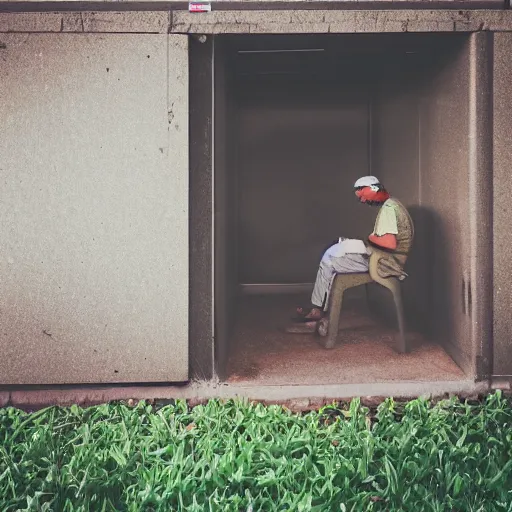 Prompt: a worker is sitting bored in front of a desk, it is inside a small cubicle which is completely surrounded by beautiful nature, bird perspective