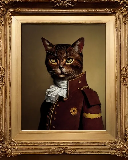 Image similar to portrait of cute brown cat with serious expression wearing 1 8 th century royal guard uniform, baroque painting, greg rutkowski