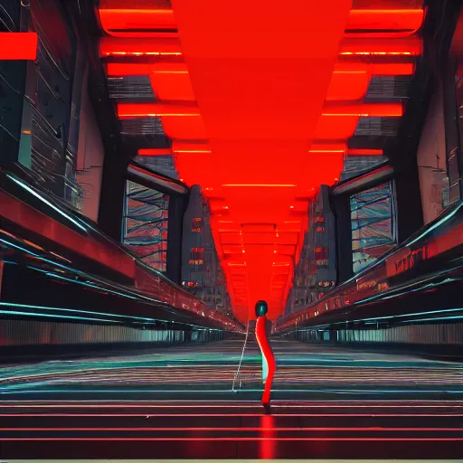 Image similar to photo of a lone android walking in a futuristic city in a dystopian future made of electronic components and looks like a giant pcb board. Very detailed 8k. Unreal engine 5 render with nanite, global illumination and path tracing. Cinematic post processing. Emphasize on the colors black and red.