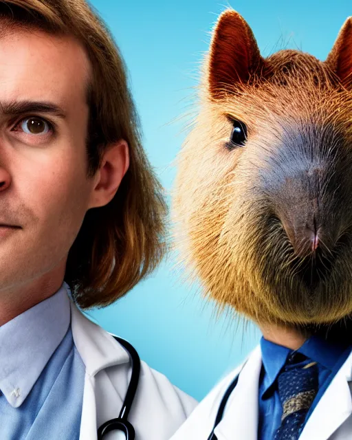 Prompt: a photo of a doctor who is also a capybara, 4 k, high quality, award winning photo