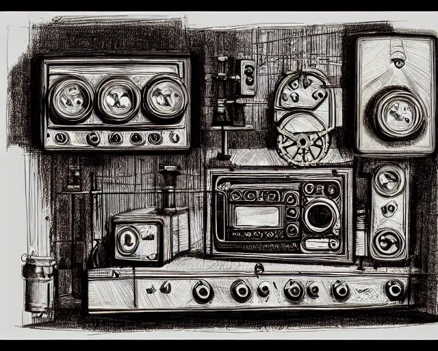 Image similar to steampunk mechanical electrical television set sketch with detailed notes by leonardo da vinci