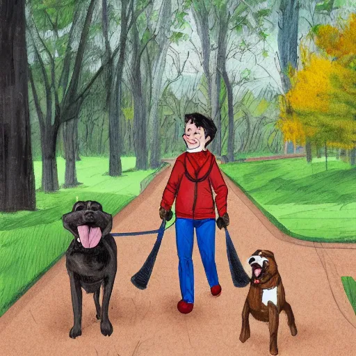 Prompt: two happy dogs on a walk in a park by sam bosma, 4 k