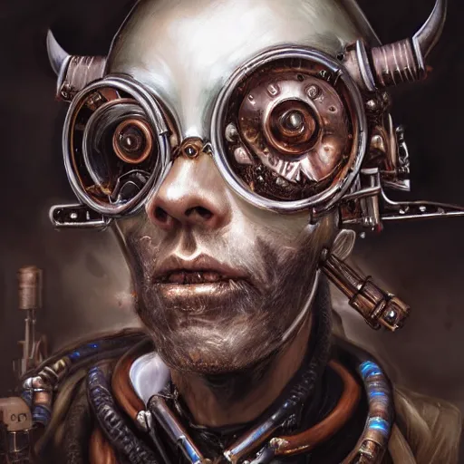 Image similar to portrait painting of evil steampunk cyborg tinkerer, technomagic, ultra realistic, concept art, intricate details, eerie highly detailed