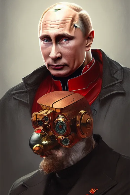 Prompt: vladimir putin as a robotnik, realistic portrait, symmetrical, highly detailed, digital painting, artstation, concept art, smooth, sharp focus, illustration, cinematic lighting, art by artgerm and greg rutkowski and alphonse mucha