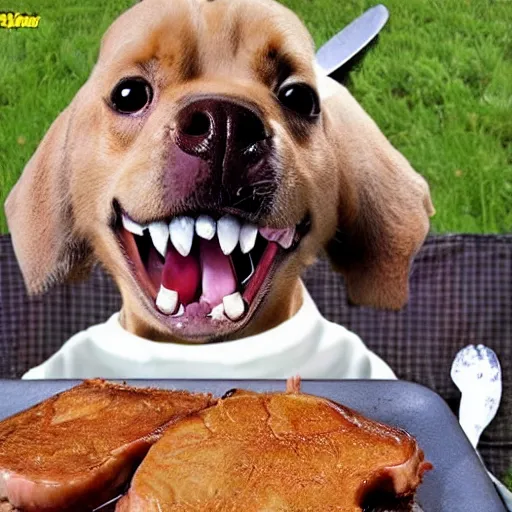 Prompt: dog with buck teeth eating pork chops, looney toon style