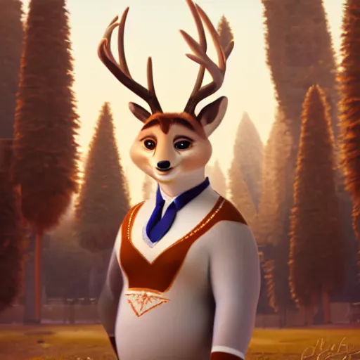 Image similar to portrait, 3 d render, tall slightly fat, anthropomorphic female deer, wearing along white dress, in the style of zootopia,