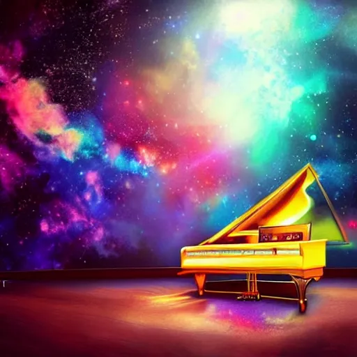 Image similar to a piano with an open wing, a galaxy inside the wing, cinematic, bright, in the style of charlie bowater